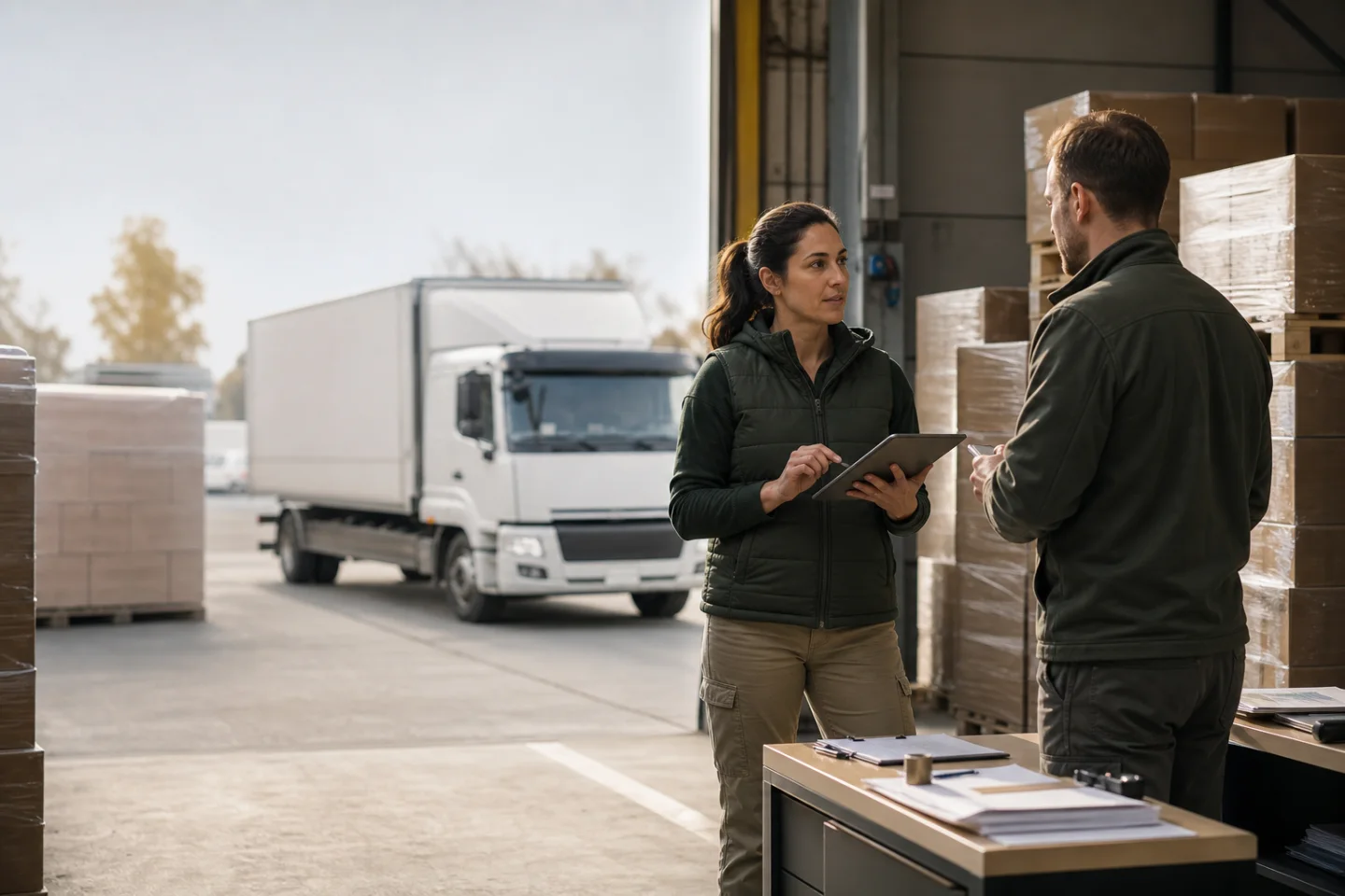 Factory staff review the shipment plan for one order at a loading area