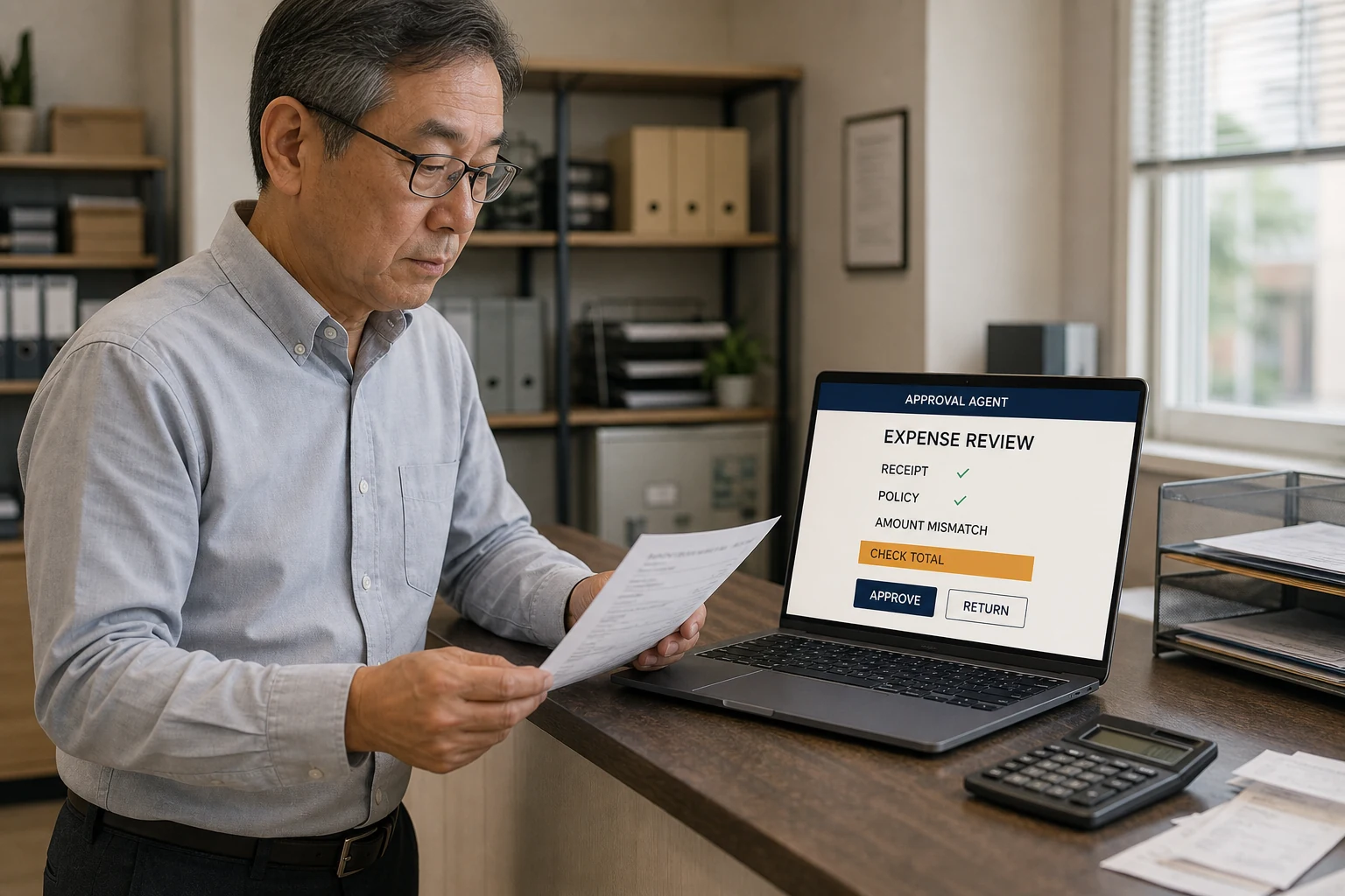 A finance owner compares a paper expense request with an amount exception flagged by AI before choosing approve or return