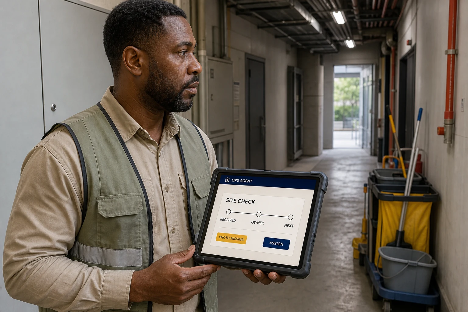 A field operations supervisor reviews an AI-organised task, missing evidence, and next action in a service corridor