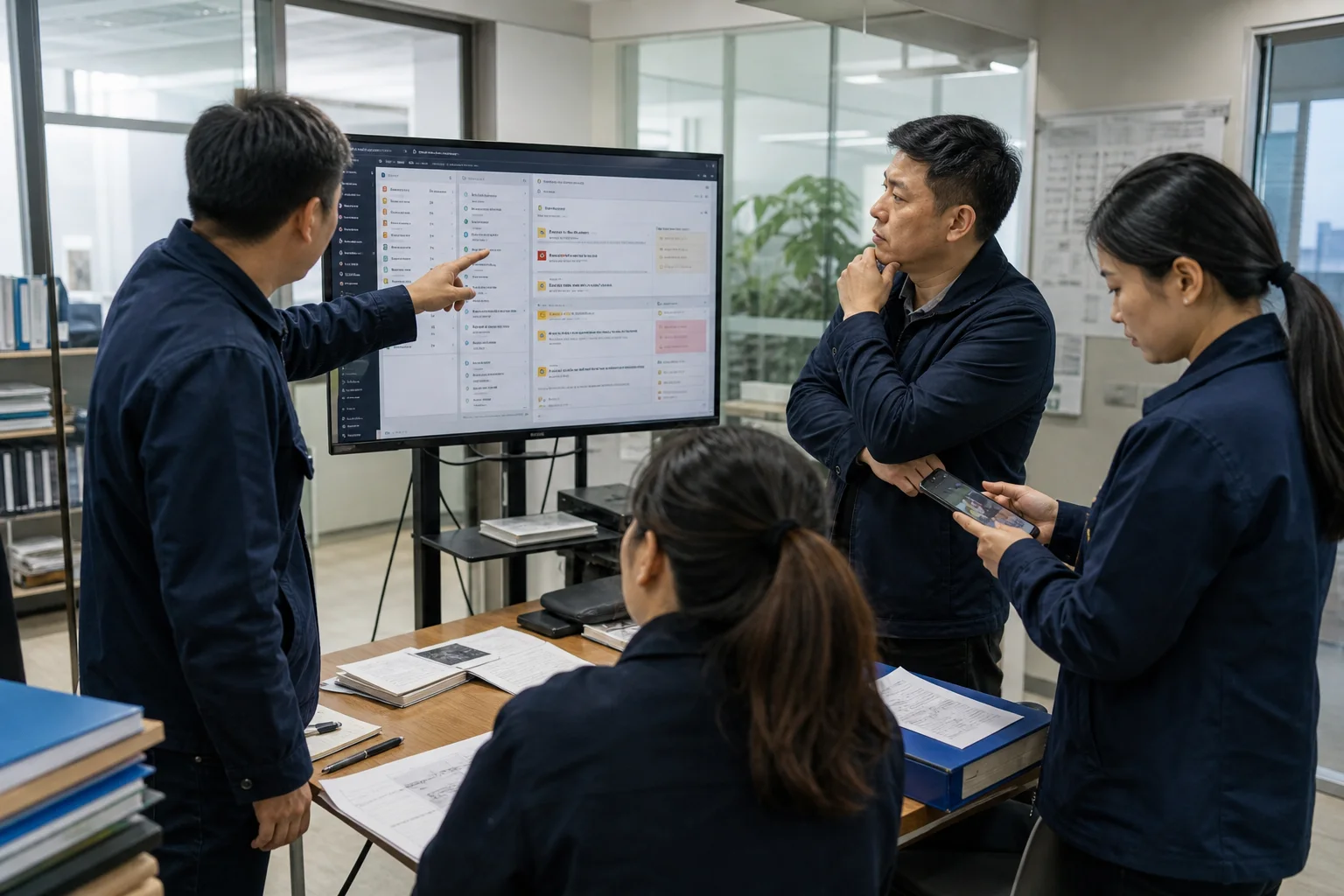 An operations team reviewing tasks, missing items and blockers organised by AI
