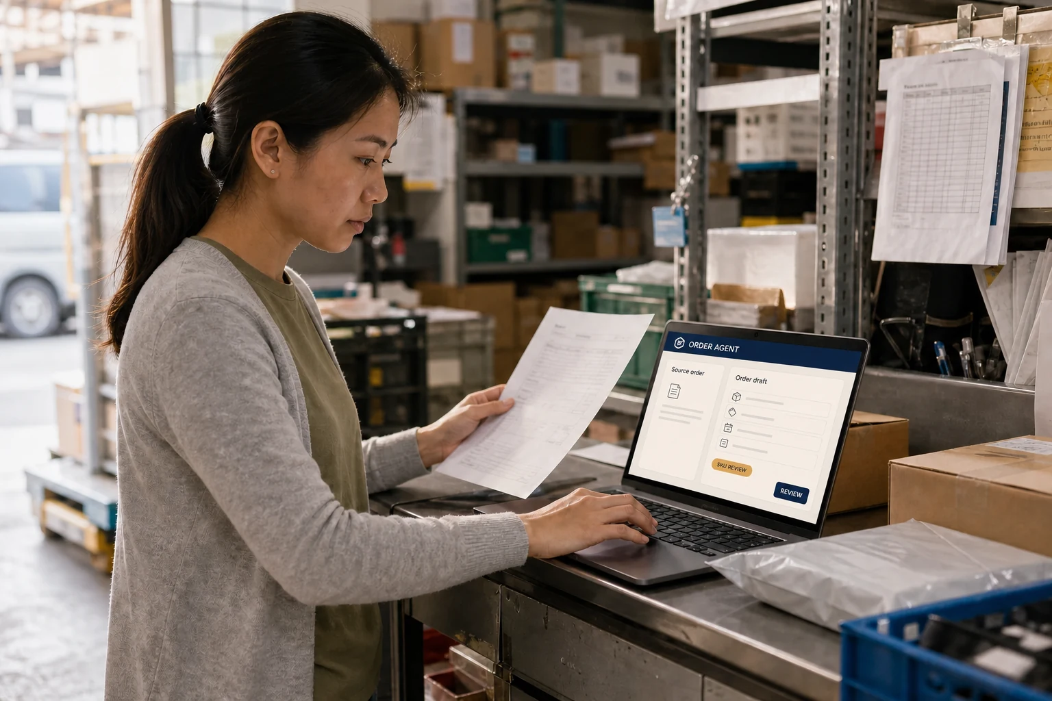An order coordinator compares a purchase order with an AI-organised confirmation card at a warehouse dispatch counter