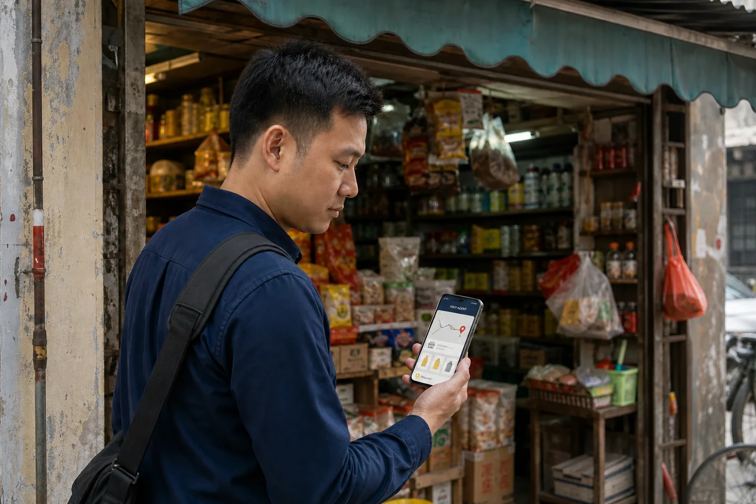 A field sales rep reviews an AI-prepared route and three priority product suggestions before entering a store